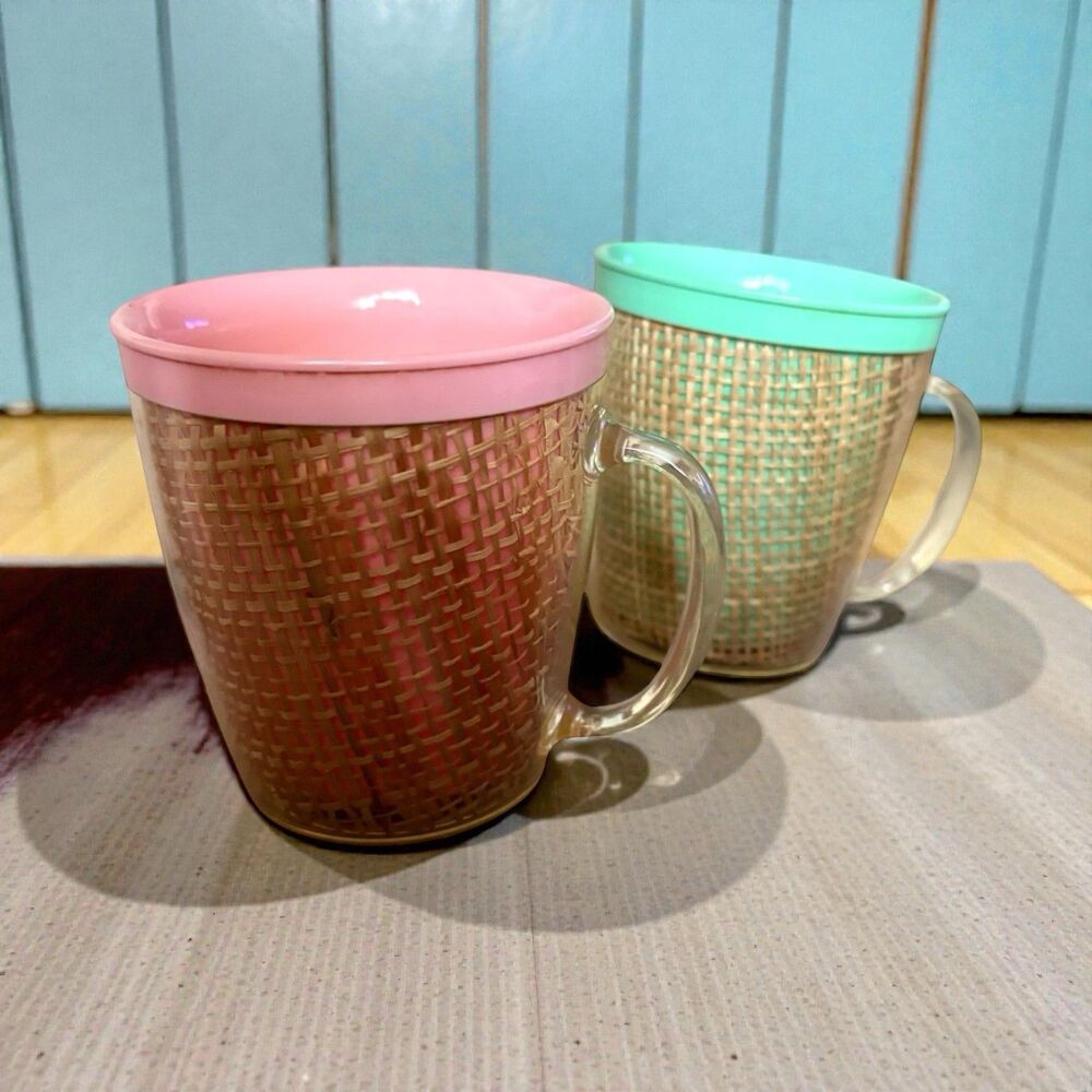 Raffiaware Burlap Weave Coffee Cups Mugs Drinks MCM Vintage Set Of 2 Vintage